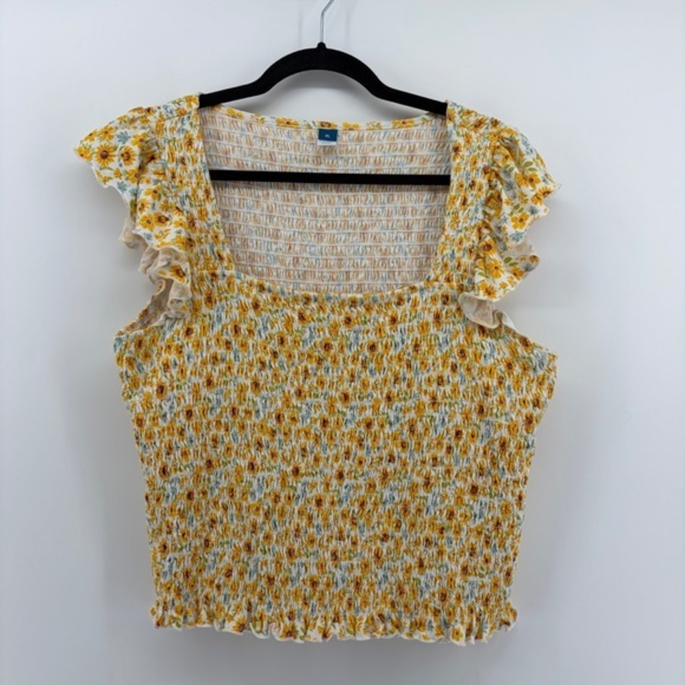 Old Navy Womens XL Smocked Square Neck Flutter Sleeve Crop‎ Top Yellow Floral